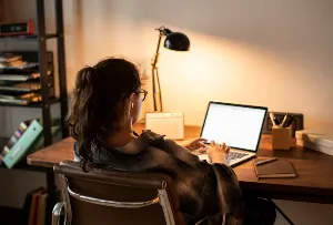 Young woman studying on laptop at home.